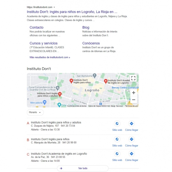 Ficha Google GMB de Instituto Don't localización varias ubicaciones