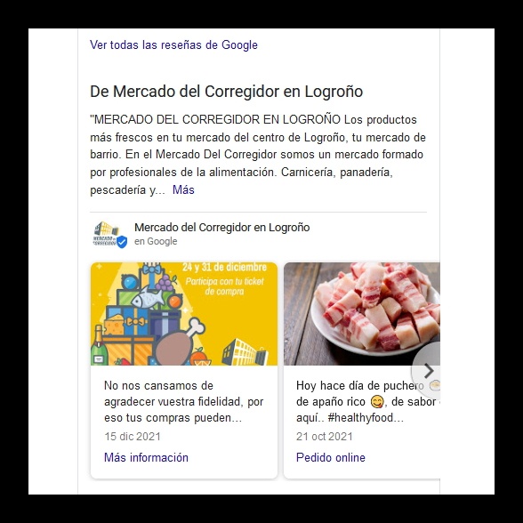 Publicación de Ofertas especiales en Ficha Google vinculadas con la web del Mercado del Corregidor.